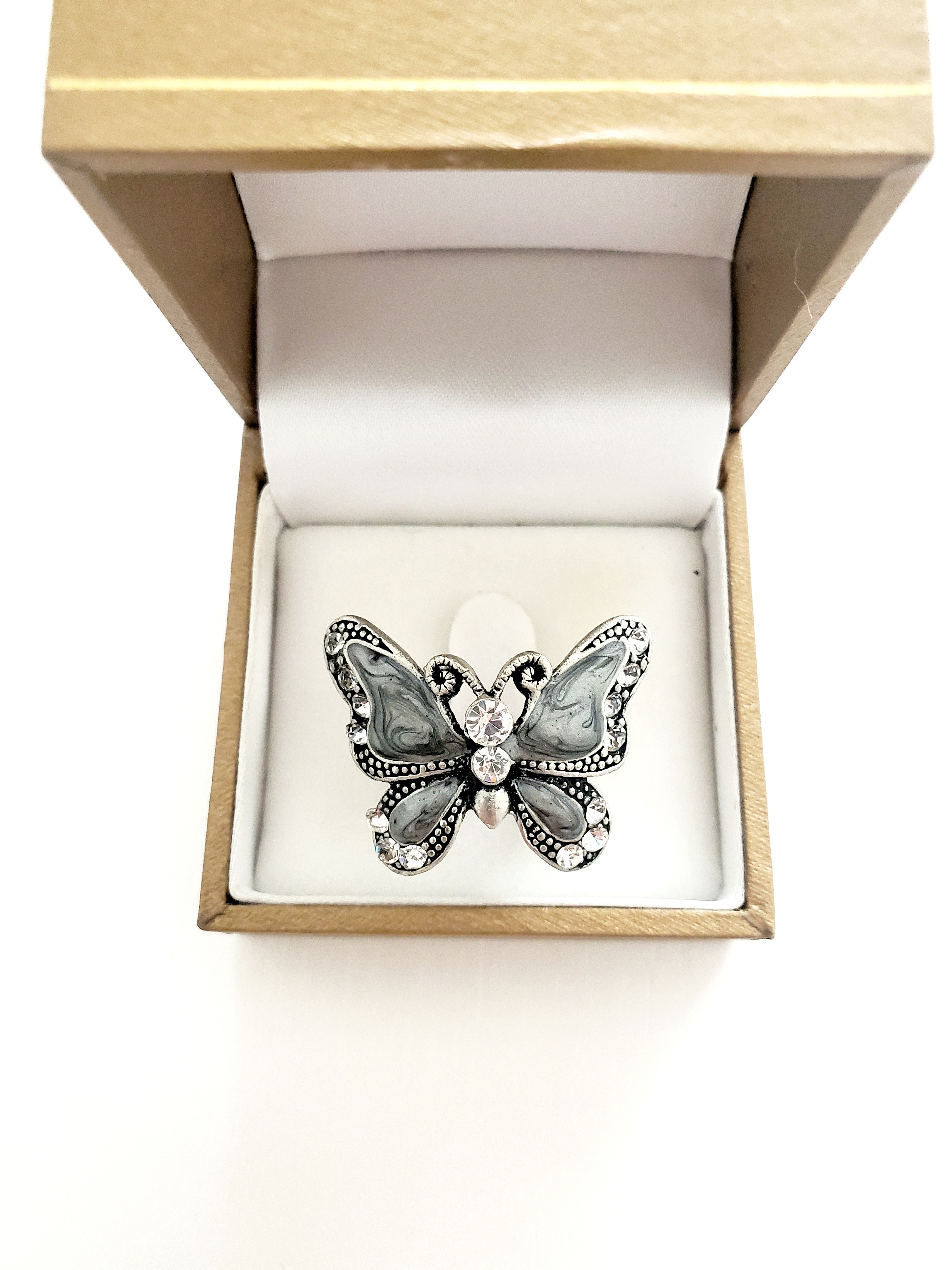 Elegant Silver Butterfly Statement Ring - Gray Crystal Accent